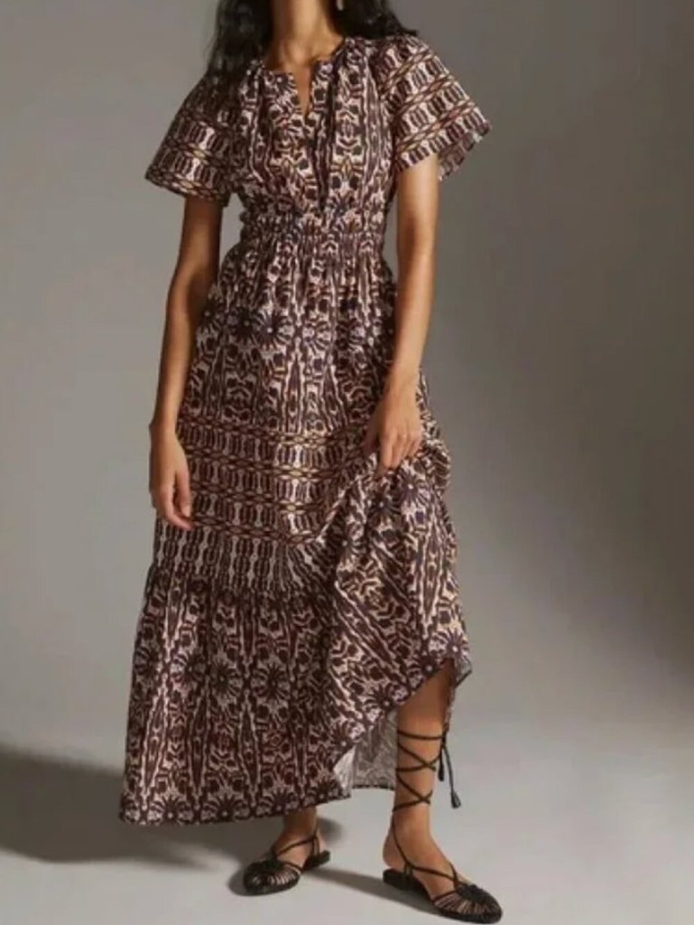 Anthropologie Maeve Somerset Tiered Maxi Dress Size XS Orange Navy Geometric